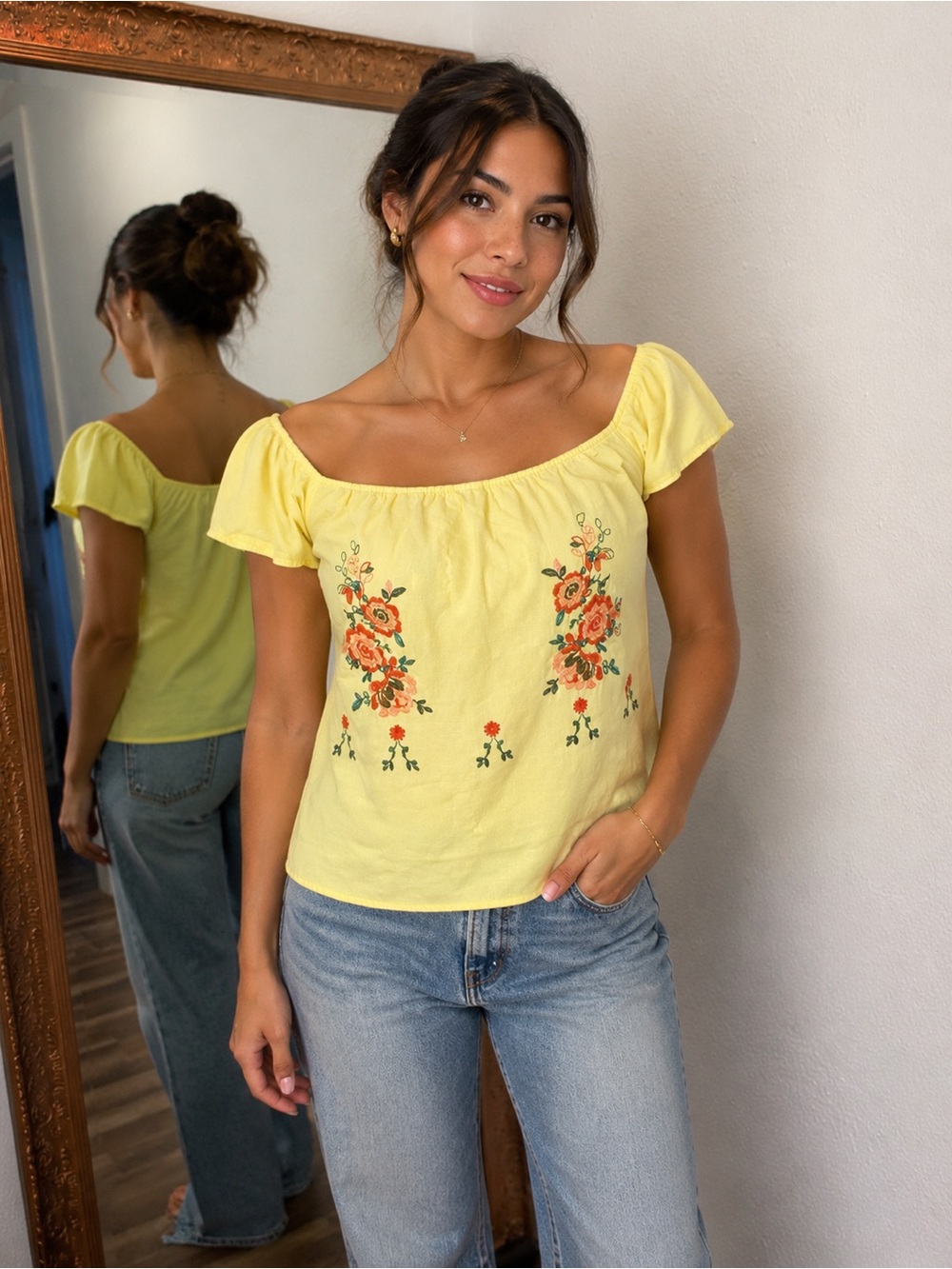 mine Yellow Floral Square Neck Puff Sleeve Crop Top